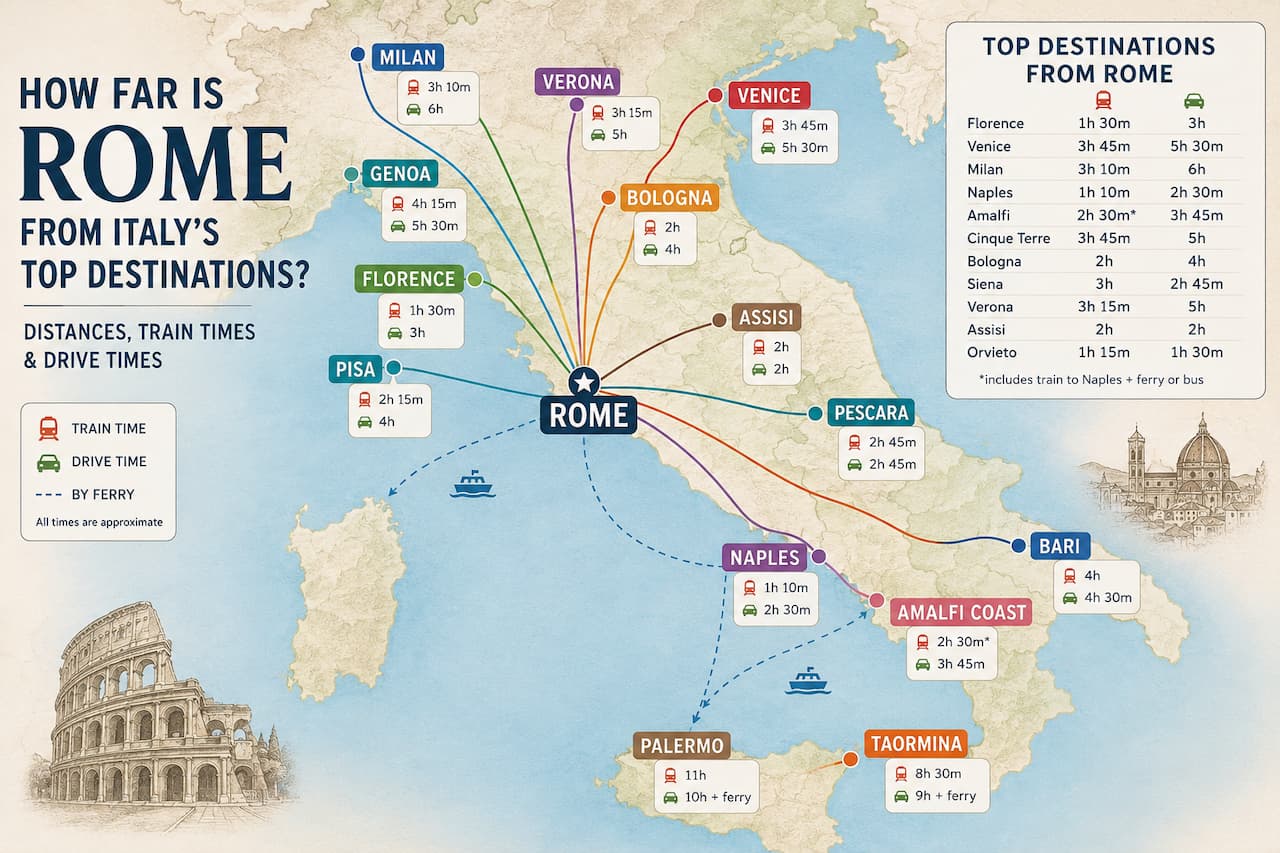 How Far Is Rome from Florence, Venice, Amalfi and More?